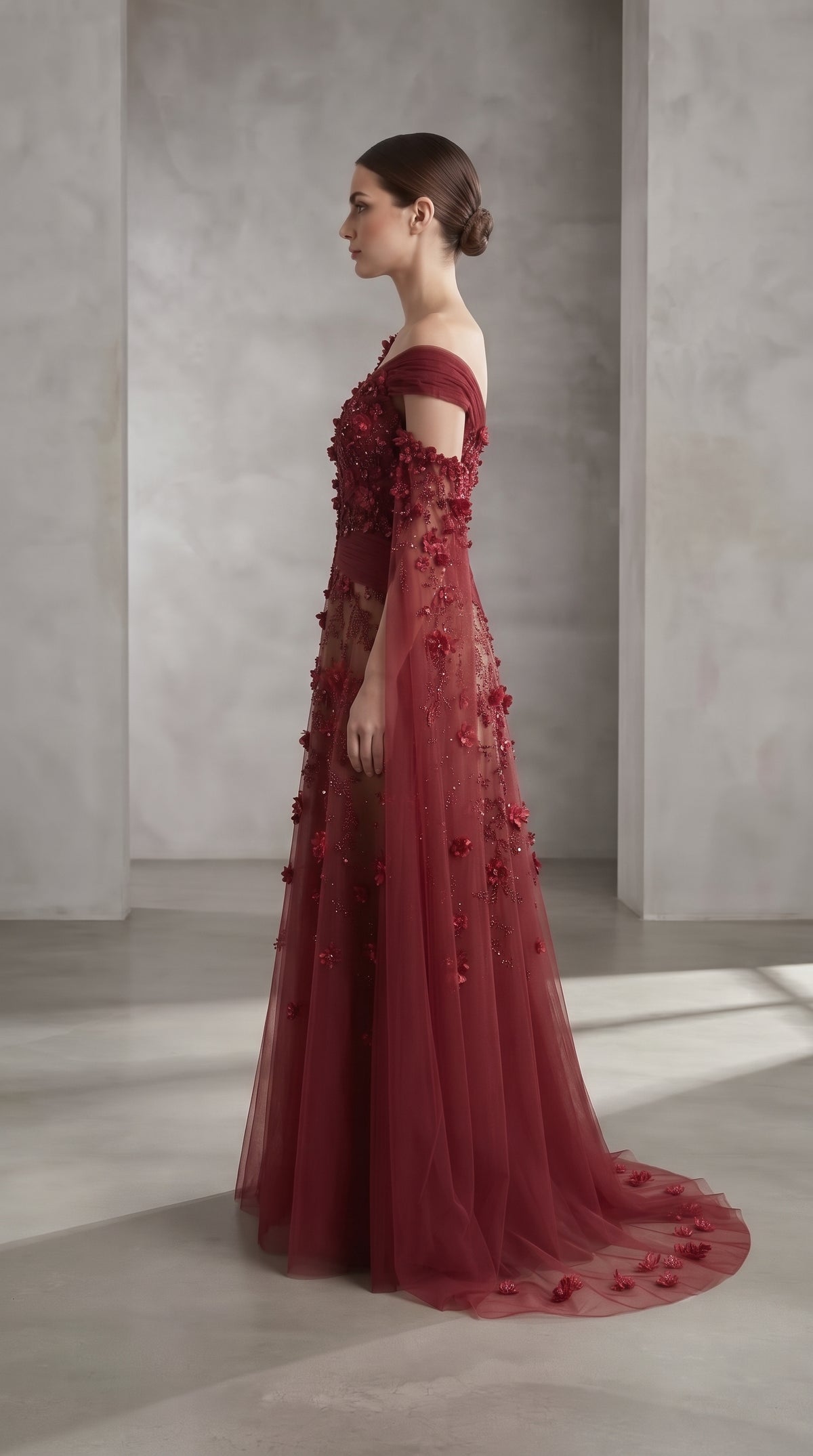Ruby Red Asymmetrical Pleated 3D Floral Cape Evening Gown