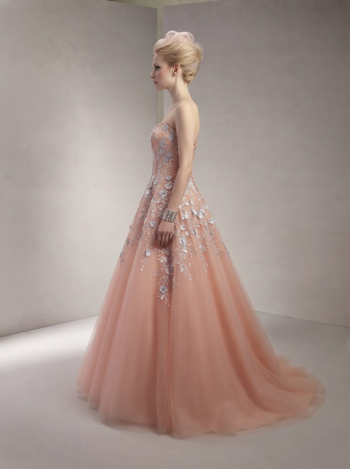 Peach Coral Floral Appliqué Strapless Royal Ballgown