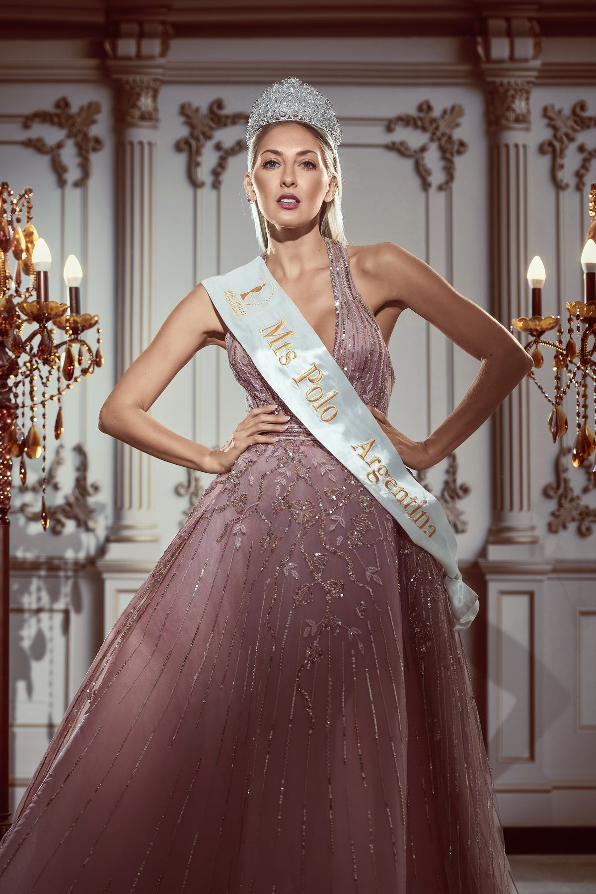 Lavender & Silver Off-the-Shoulder Crystal Evening Gown