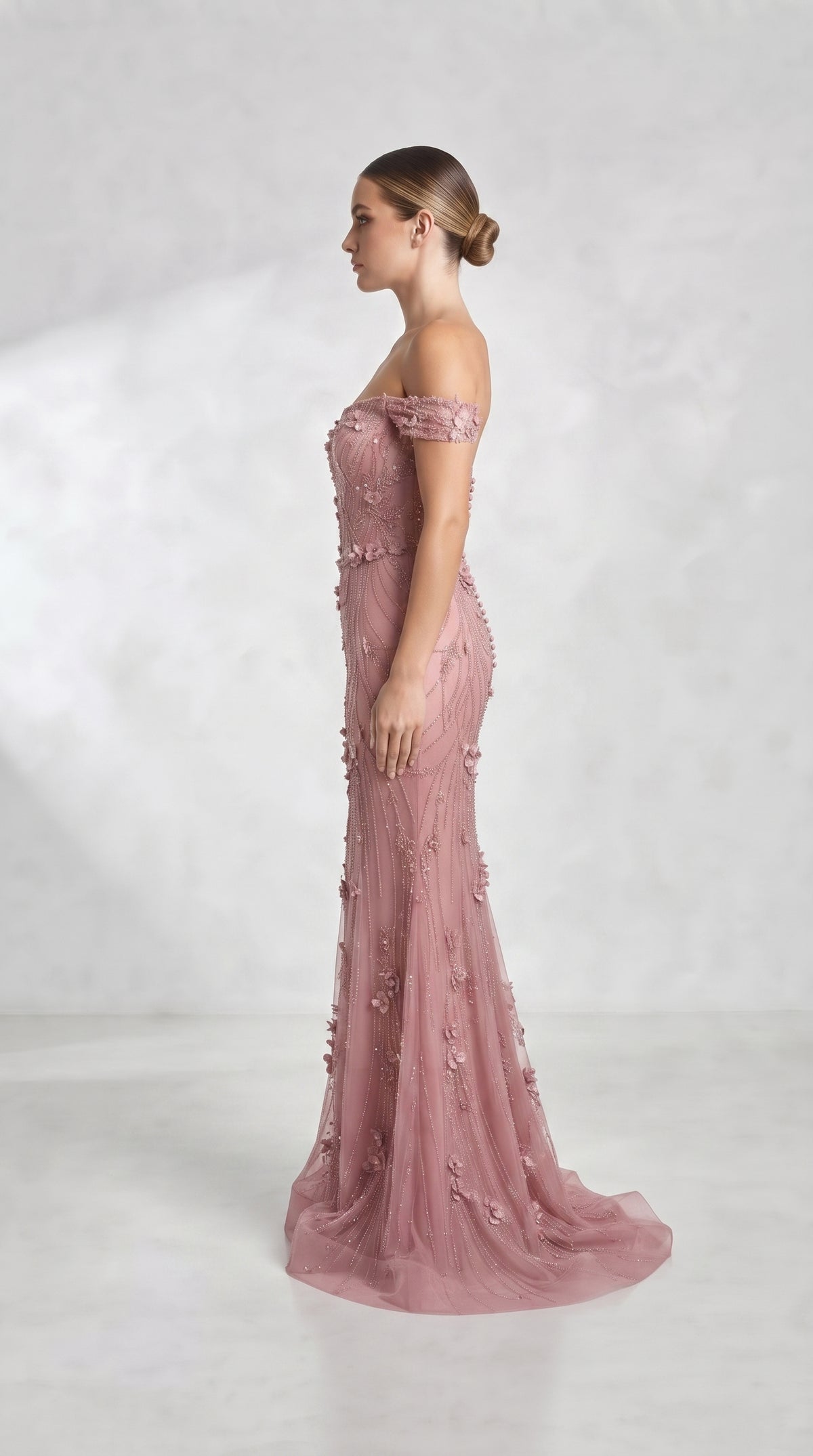 Blush Pink Off-the-Shoulder 3D Floral Embellished Evening Gown