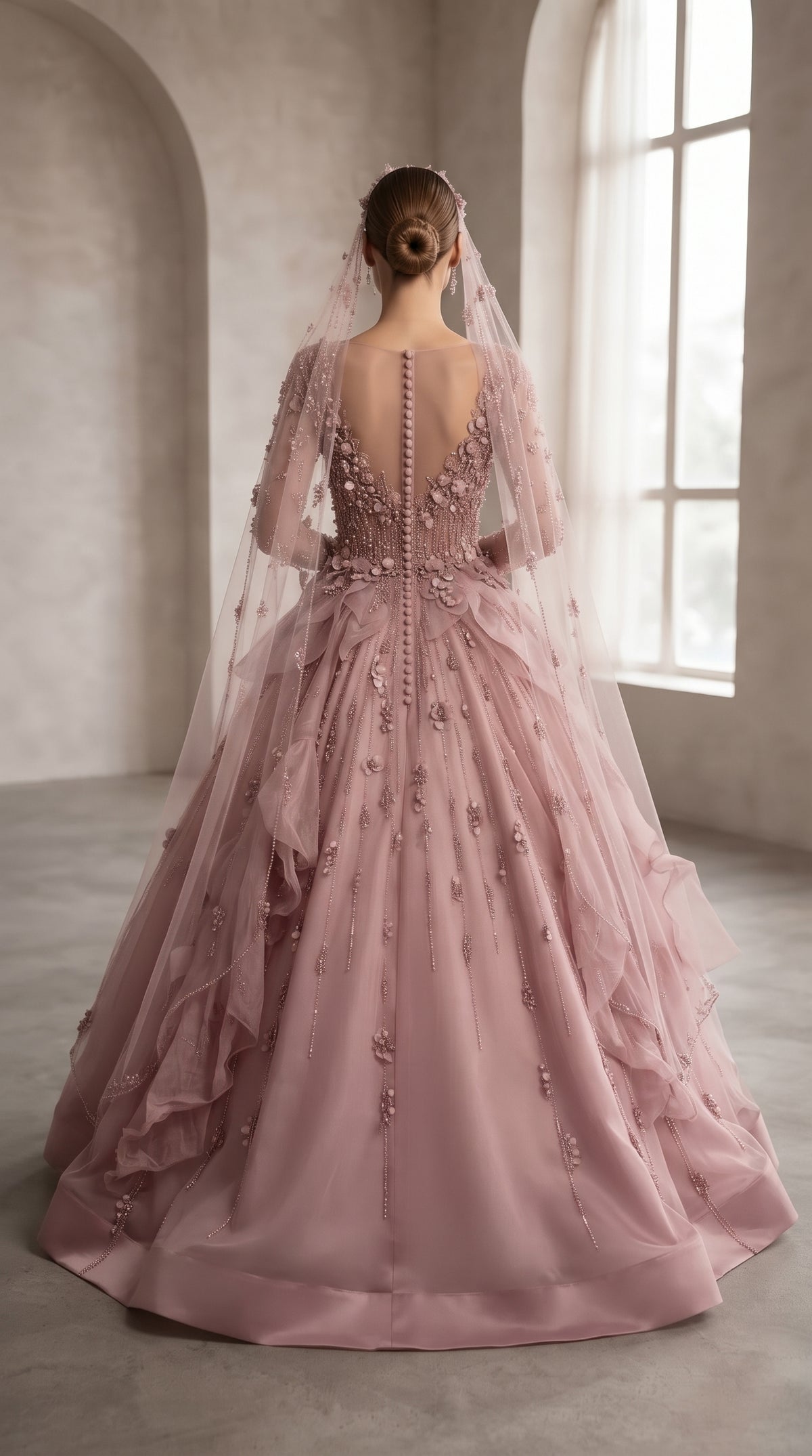 Dusty Rose 3D Floral Petal Ball Gown with Matching Beaded Veil