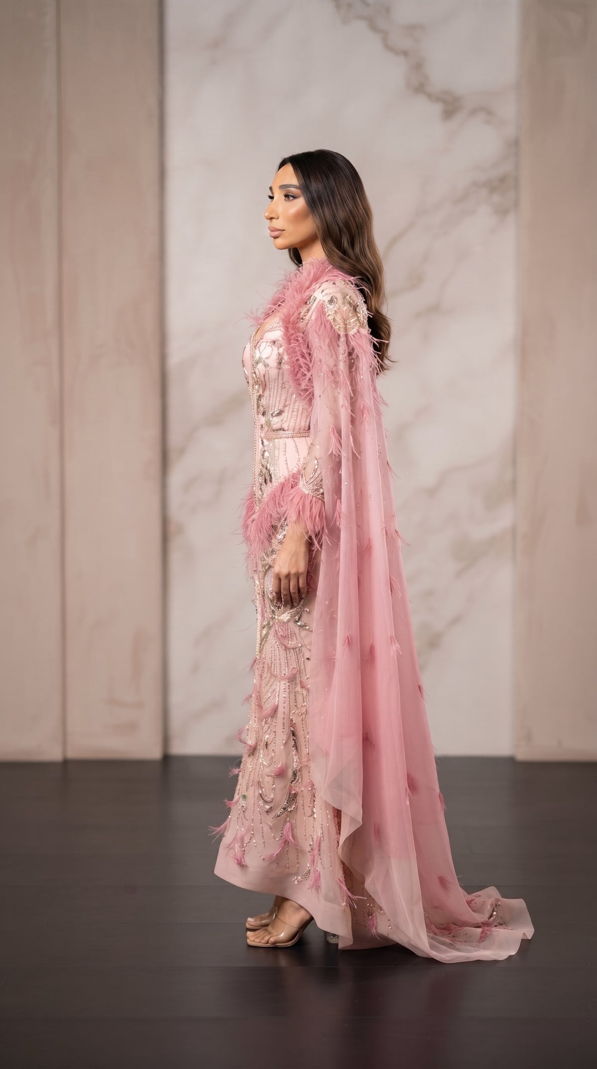 Dusty Pink Feather & Crystal Embroidered Cape Evening Gown