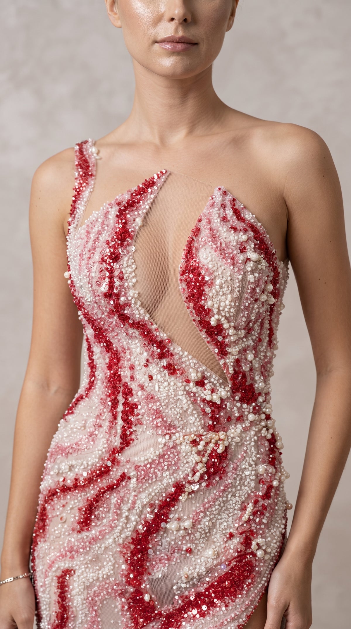 Crimson & Blush Wave-Embellished Cut-Out Evening Gown