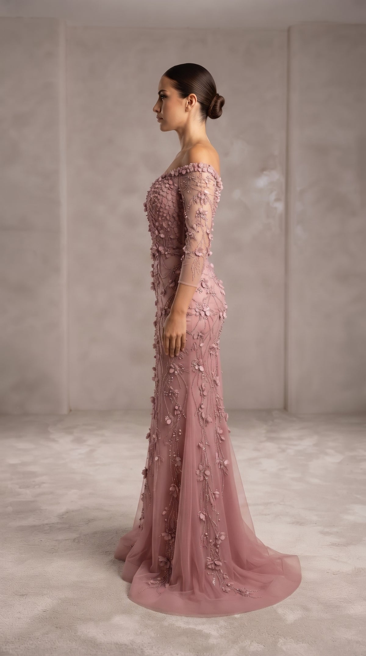 Blush Pink Off-the-Shoulder 3D Leaf Embellished Gown with Side Ruffle