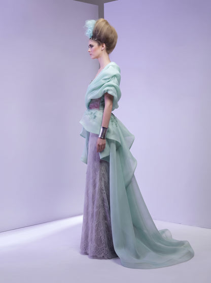 Mint Green Sculpted Draped Organza & Lavender Lace Evening Gown