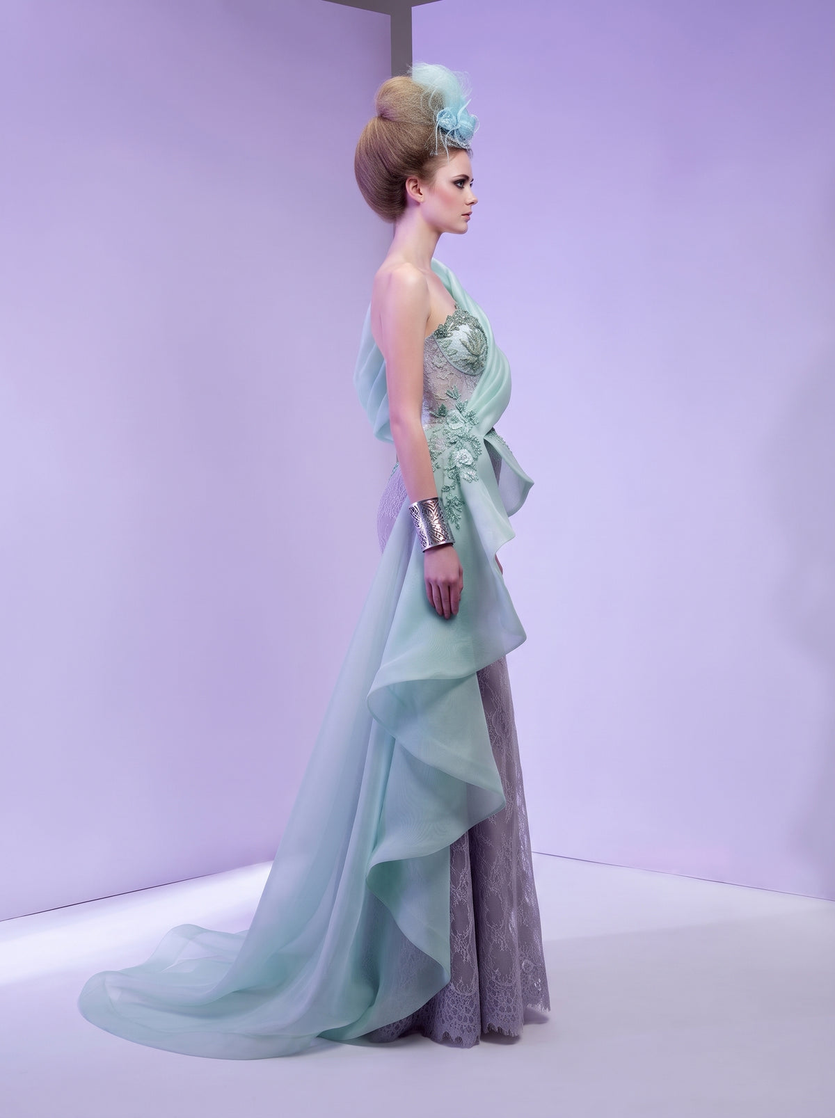 Mint Green Sculpted Draped Organza & Lavender Lace Evening Gown