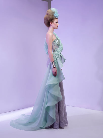 Mint Green Sculpted Draped Organza & Lavender Lace Evening Gown