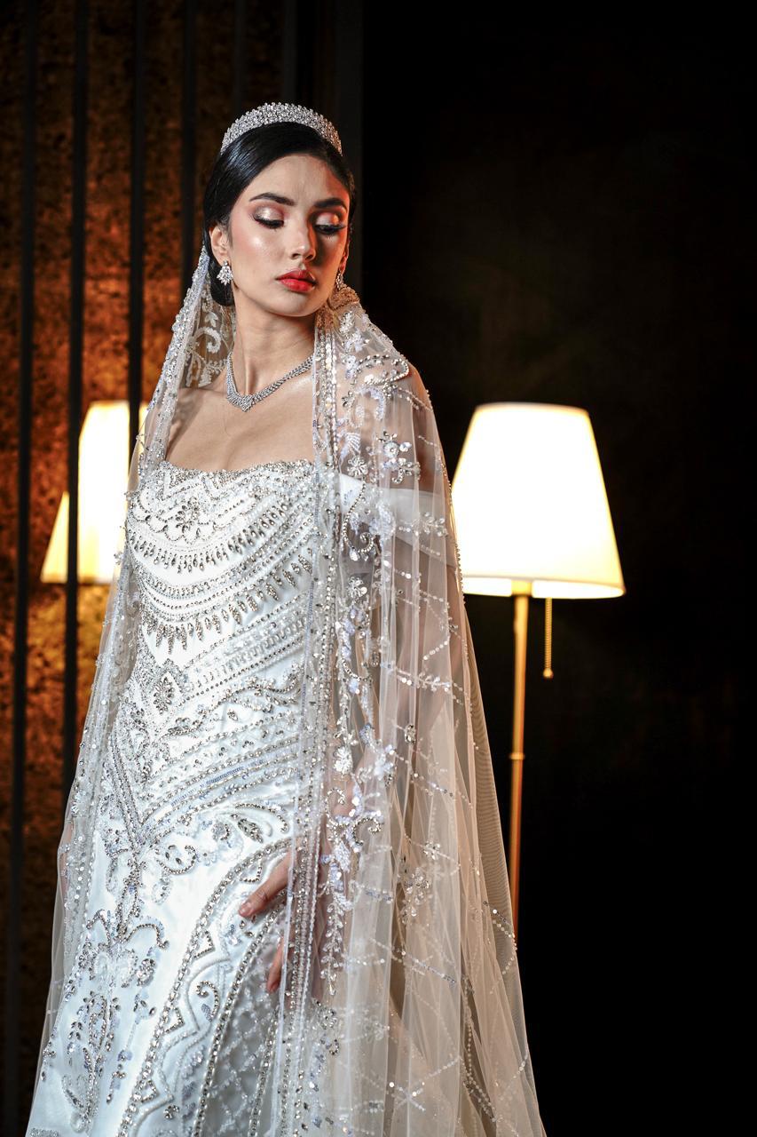 Celeste Square-Neck All-Over Crystal & Sequin Mermaid Gown