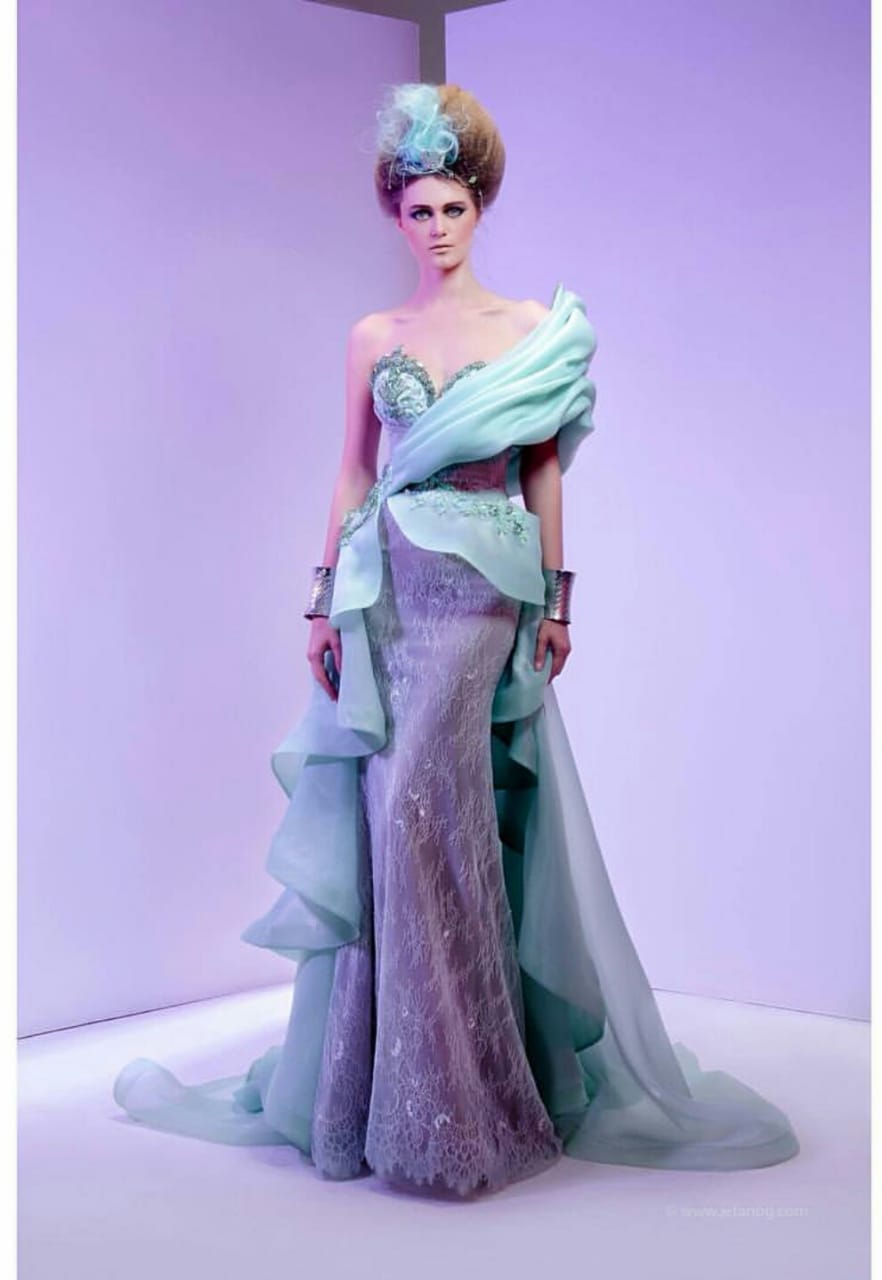 Mint Green Sculpted Draped Organza & Lavender Lace Evening Gown