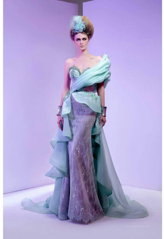 Mint Green Sculpted Draped Organza & Lavender Lace Evening Gown
