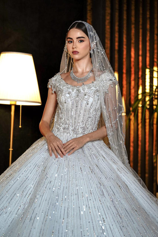 Catarina Cap-Sleeve Crystal All-Over Sequin Ballgown