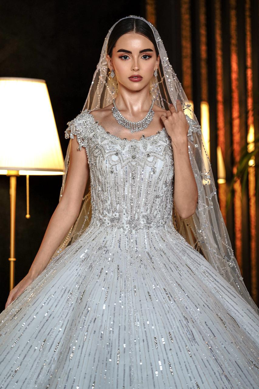 Catarina Cap-Sleeve Crystal All-Over Sequin Ballgown