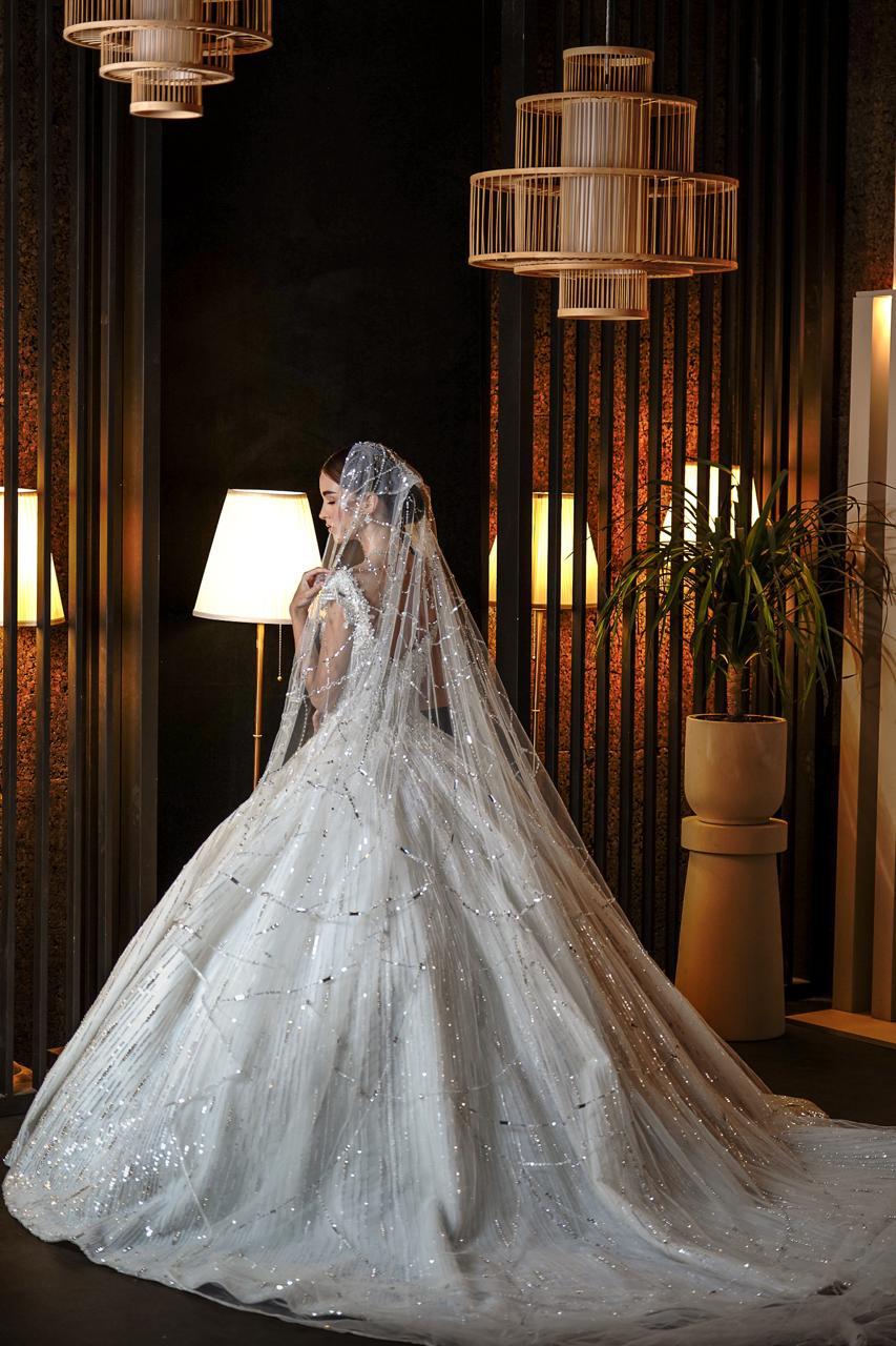 Catarina Cap-Sleeve Crystal All-Over Sequin Ballgown
