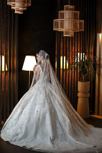 Catarina Cap-Sleeve Crystal All-Over Sequin Ballgown