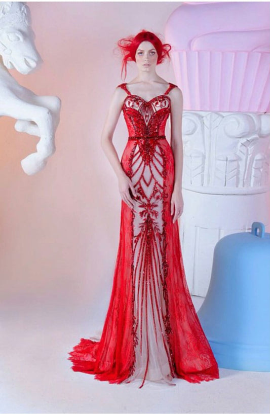 Crimson Red Beaded Lattice Illusion Evening Gown