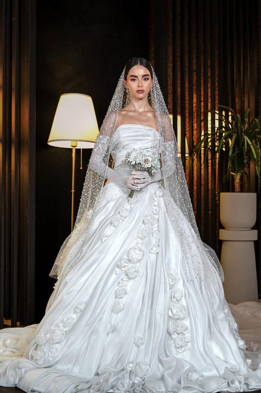 Genevieve Strapless Draped Satin Ballgown with 3D Rosettes