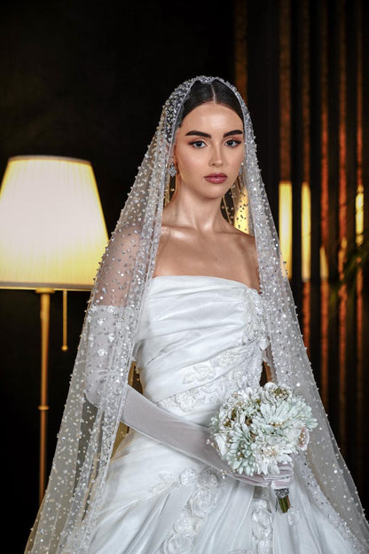 Genevieve Strapless Draped Satin Ballgown with 3D Rosettes