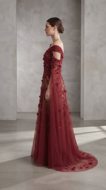 Ruby Red Asymmetrical Pleated 3D Floral Cape Evening Gown