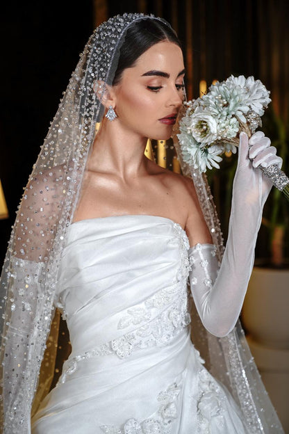 Genevieve Strapless Draped Satin Ballgown with 3D Rosettes