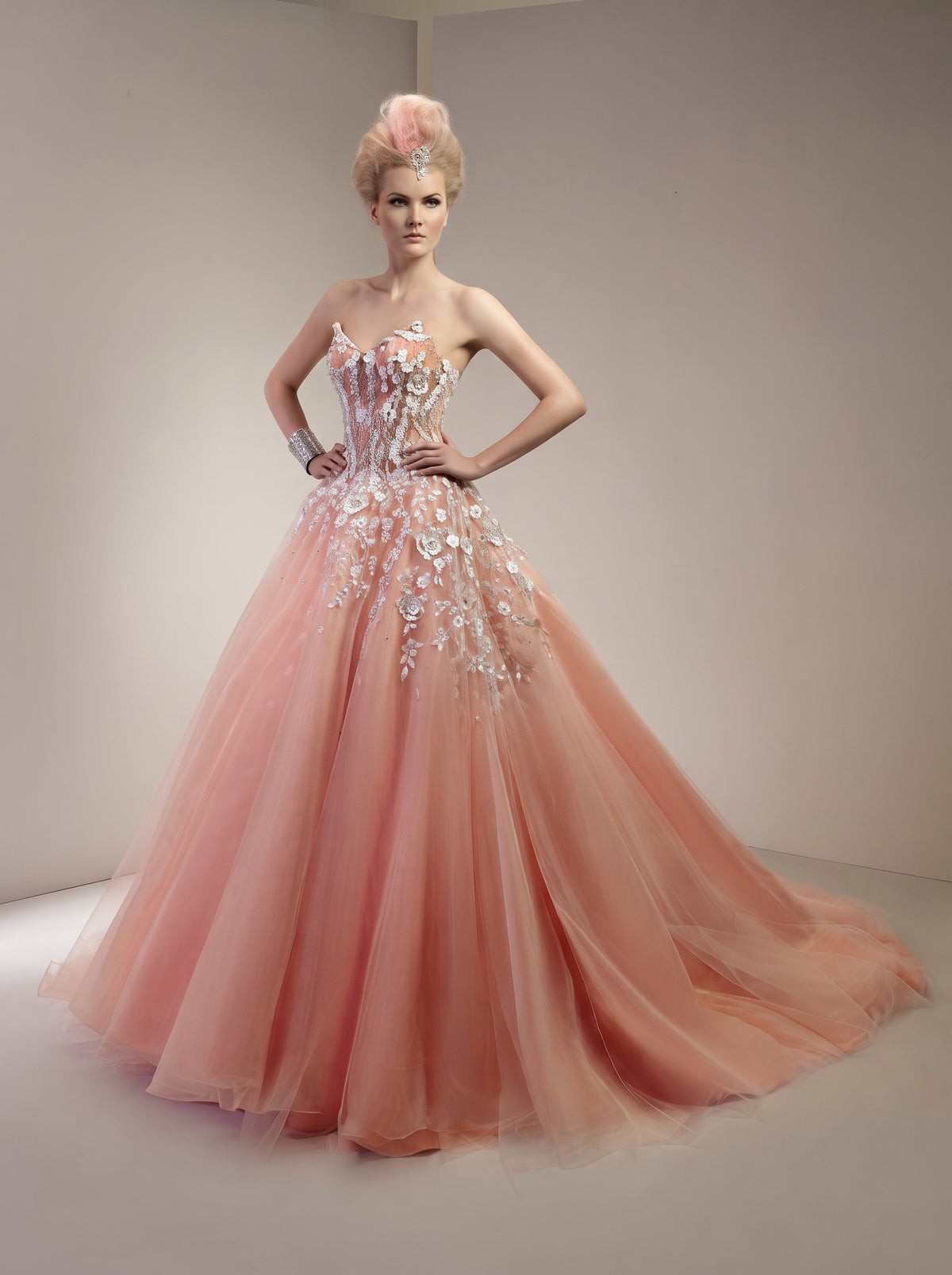Peach Coral Floral Appliqué Strapless Royal Ballgown