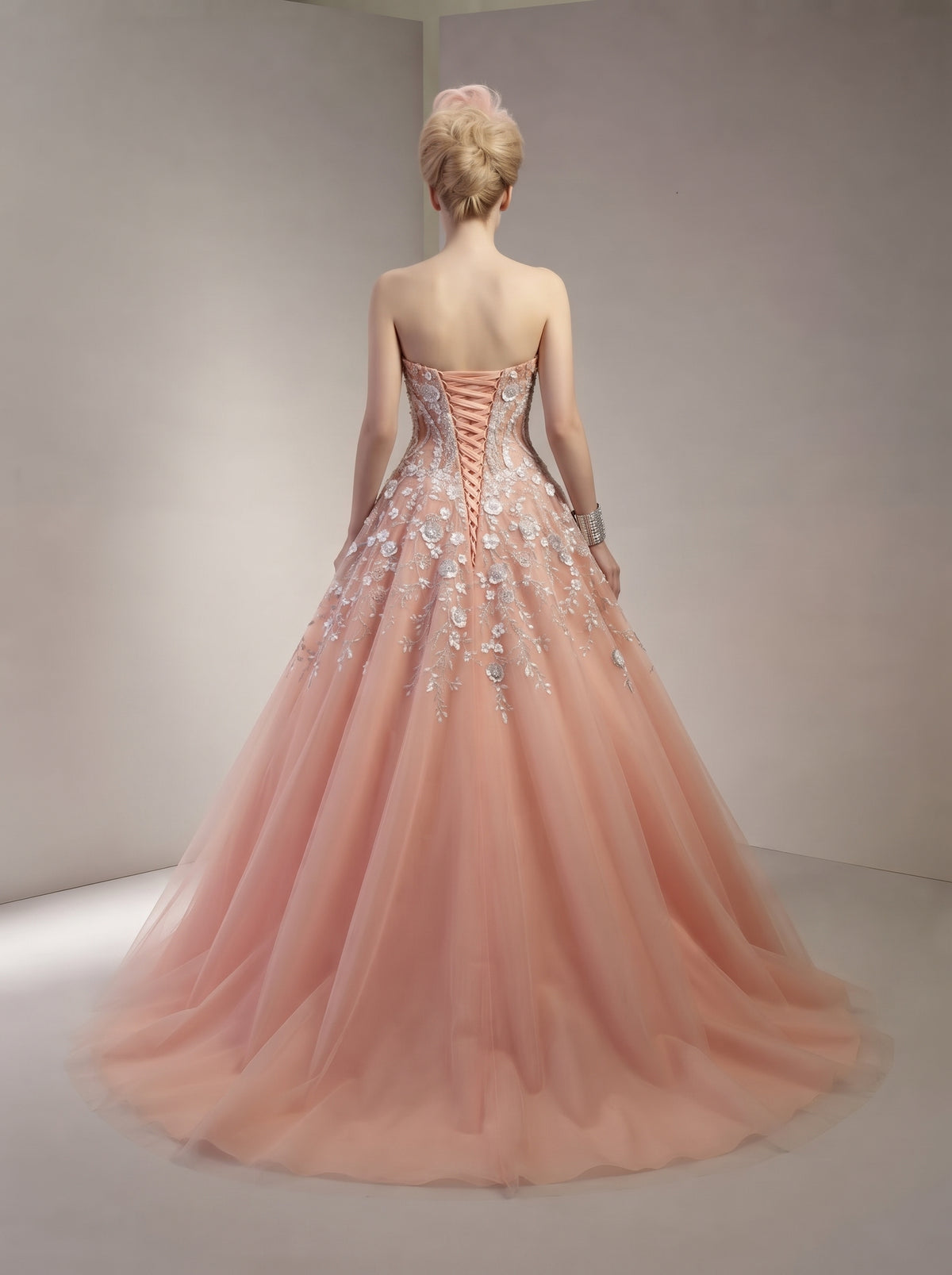 Peach Coral Floral Appliqué Strapless Royal Ballgown