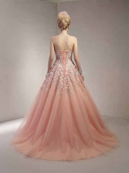 Peach Coral Floral Appliqué Strapless Royal Ballgown