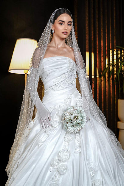 Genevieve Strapless Draped Satin Ballgown with 3D Rosettes