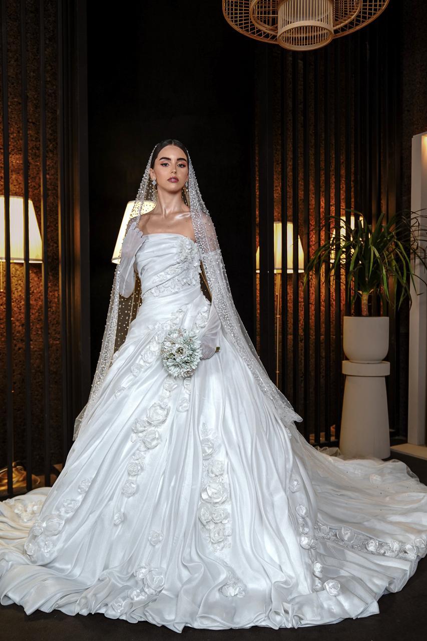 Genevieve Strapless Draped Satin Ballgown with 3D Rosettes