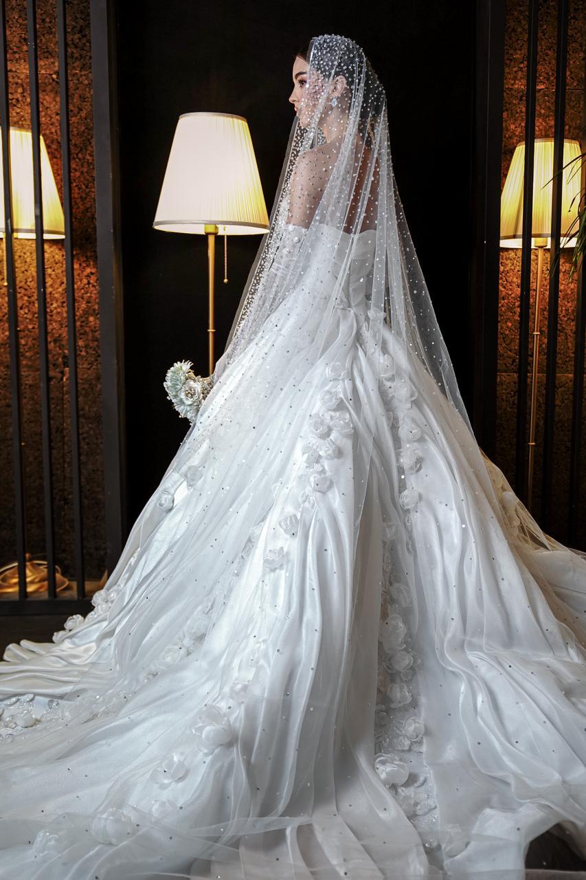 Genevieve Strapless Draped Satin Ballgown with 3D Rosettes