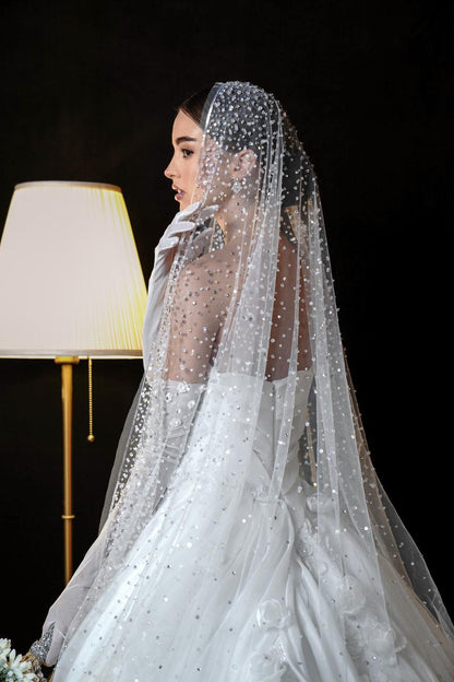 Genevieve Strapless Draped Satin Ballgown with 3D Rosettes
