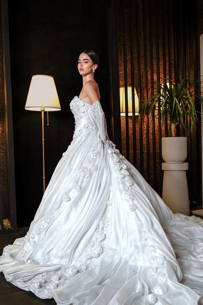 Genevieve Strapless Draped Satin Ballgown with 3D Rosettes