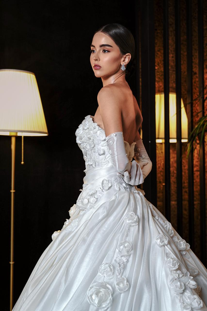 Genevieve Strapless Draped Satin Ballgown with 3D Rosettes