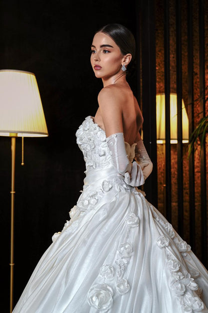 Genevieve Strapless Draped Satin Ballgown with 3D Rosettes