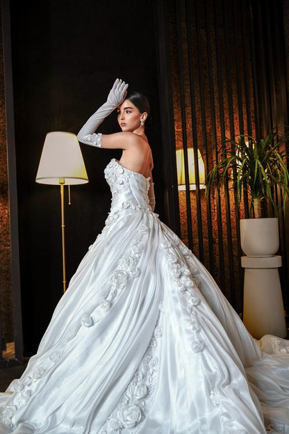 Genevieve Strapless Draped Satin Ballgown with 3D Rosettes
