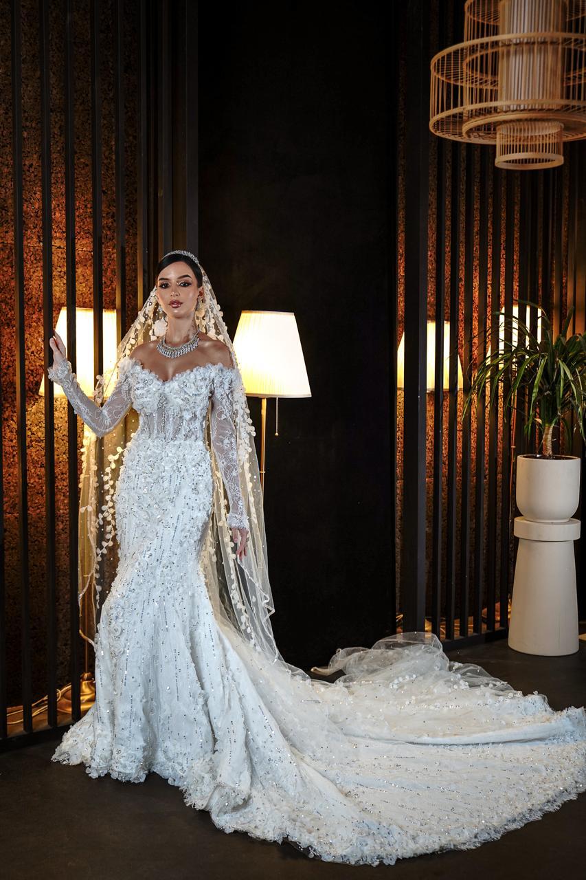 Evelina Off-the-Shoulder 3D Floral Mermaid Bridal Gown