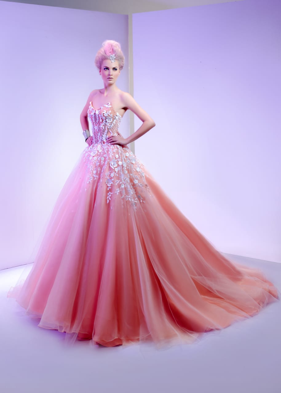 Peach Coral Floral Appliqué Strapless Royal Ballgown