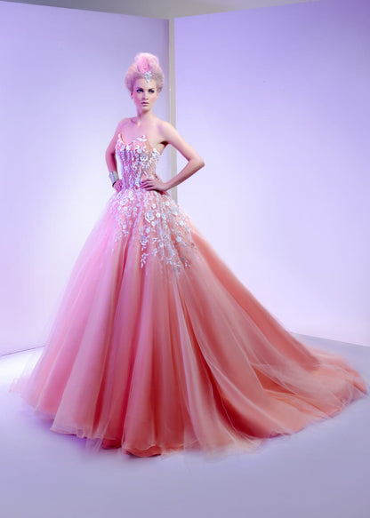 Peach Coral Floral Appliqué Strapless Royal Ballgown