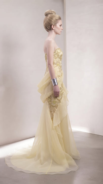Pastel Yellow Sculpted Peplum & Gold Embroidered Evening Gown