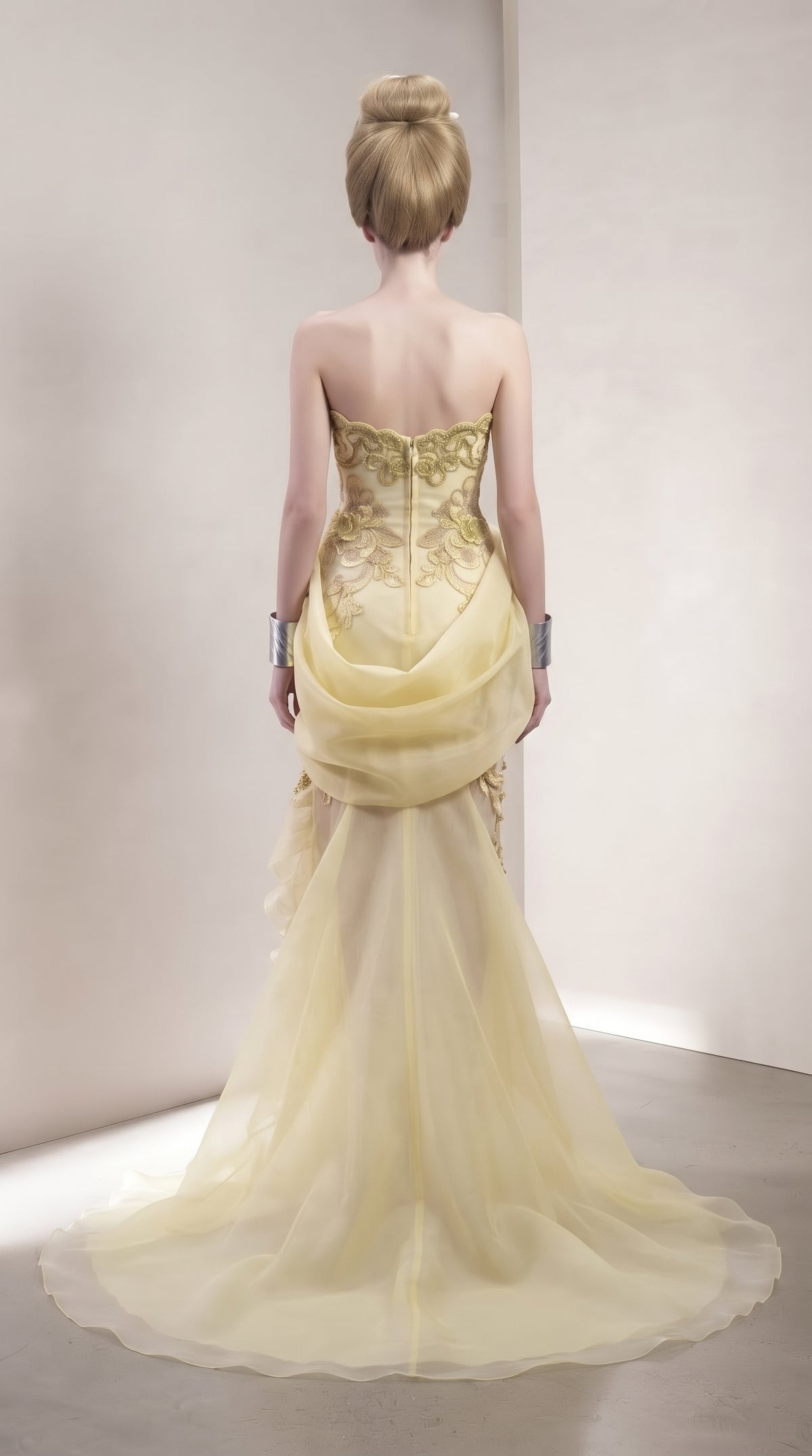 Pastel Yellow Sculpted Peplum & Gold Embroidered Evening Gown