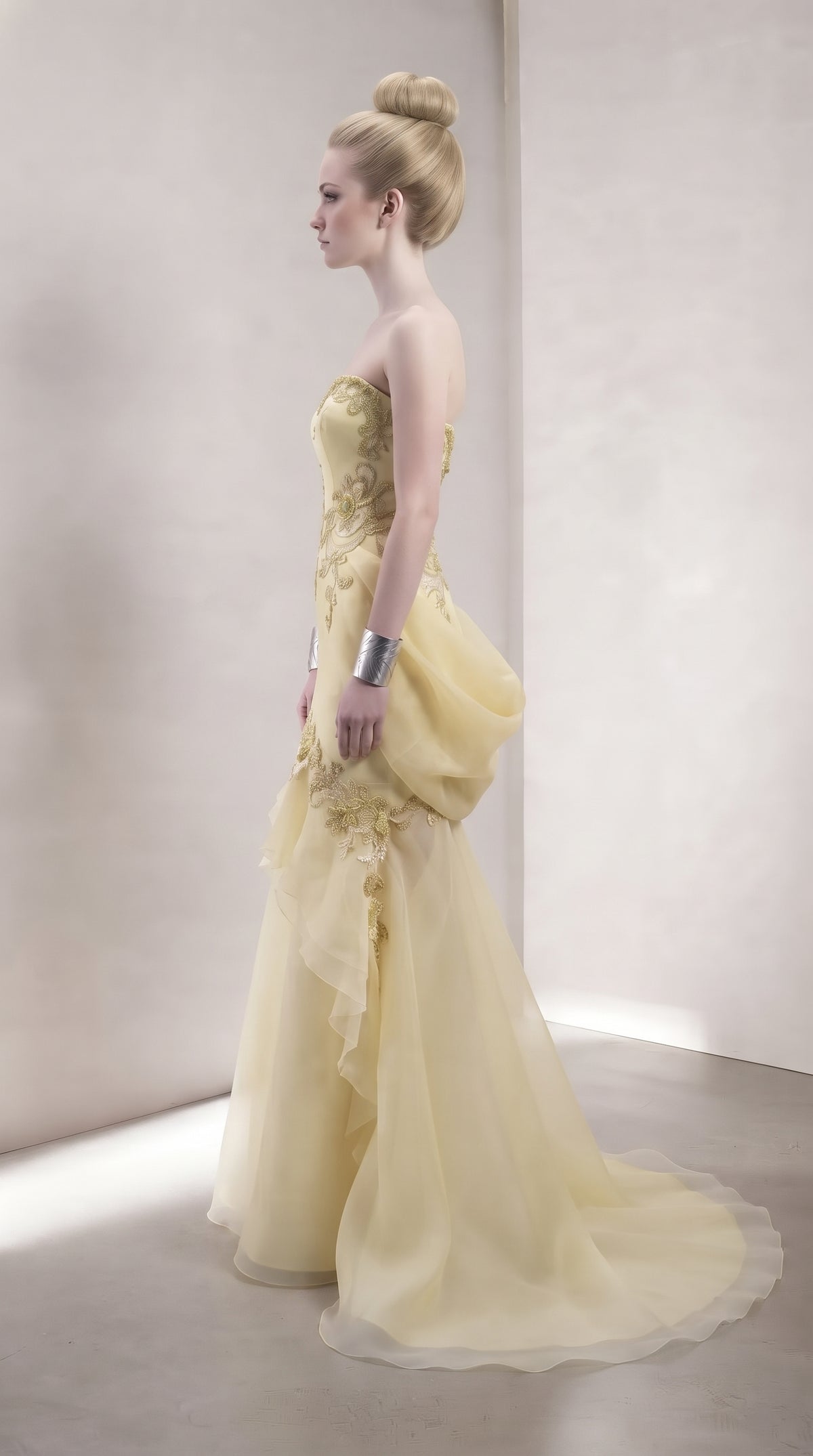 Pastel Yellow Sculpted Peplum & Gold Embroidered Evening Gown