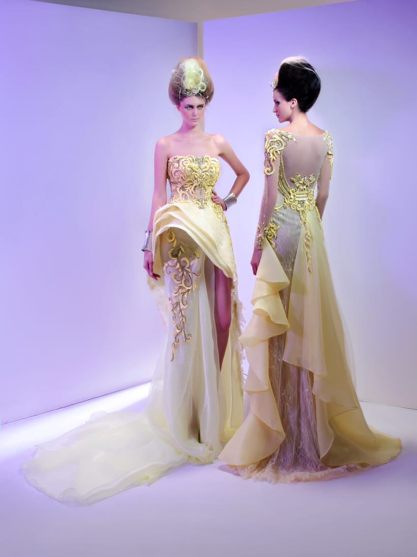 Pastel Yellow Sculpted Peplum & Gold Embroidered Evening Gown