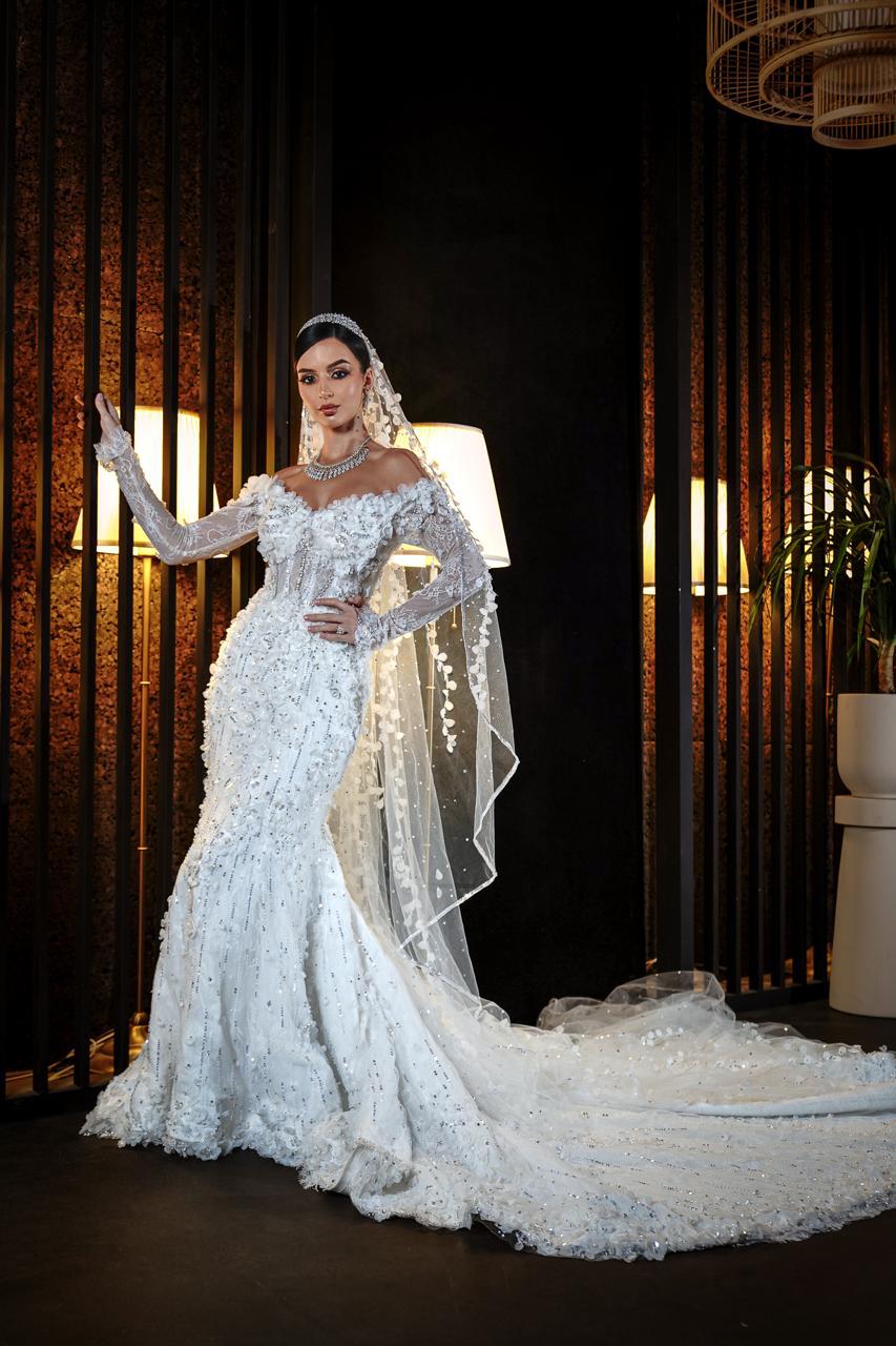 Evelina Off-the-Shoulder 3D Floral Mermaid Bridal Gown