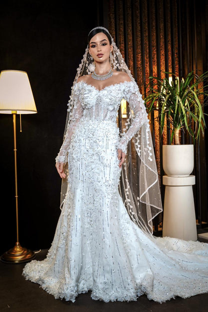 Evelina Off-the-Shoulder 3D Floral Mermaid Bridal Gown