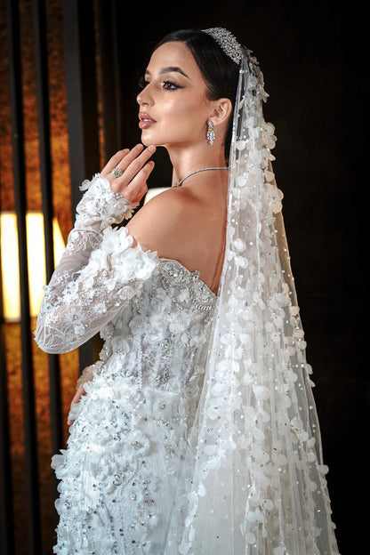 Evelina Off-the-Shoulder 3D Floral Mermaid Bridal Gown