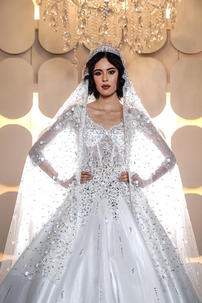 Clarissa Long-Sleeve Crystal & Sequined Royal Ballgown