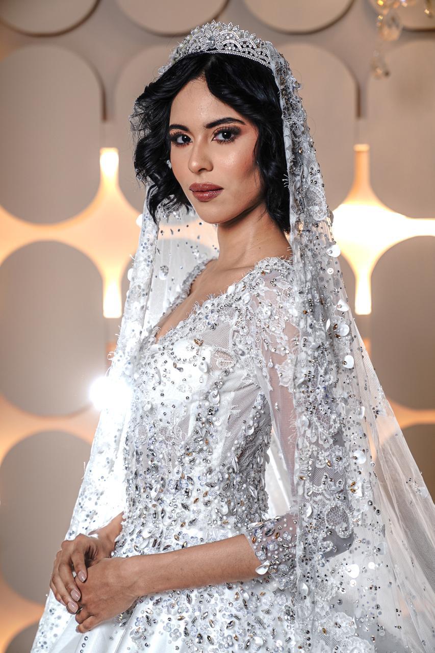 Clarissa Long-Sleeve Crystal & Sequined Royal Ballgown