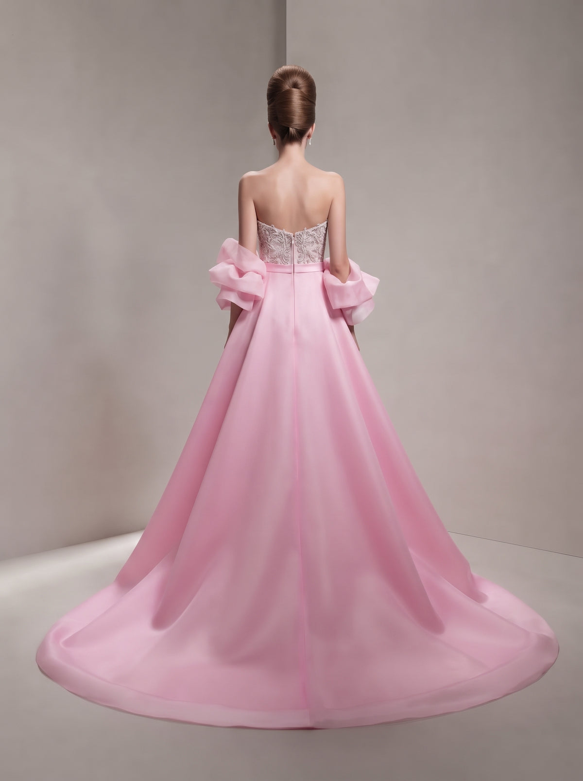 Blush Pink Sculpted Column Gown with Voluminous Detachable Overskirt