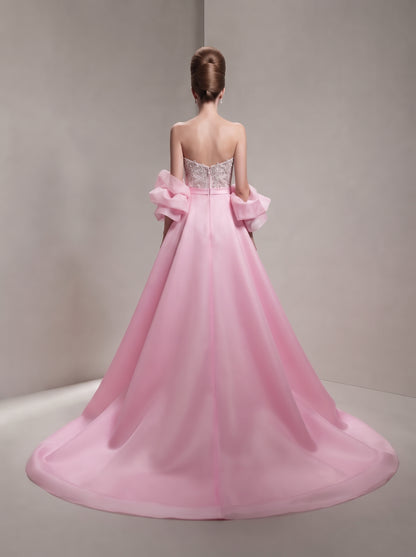Blush Pink Sculpted Column Gown with Voluminous Detachable Overskirt
