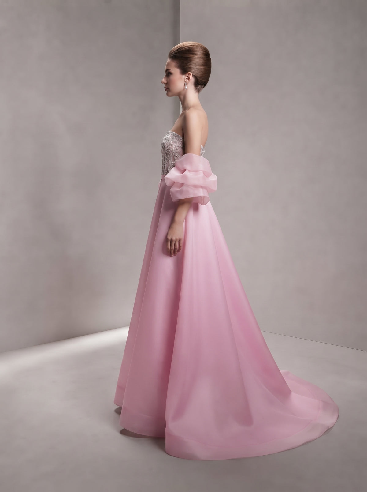 Blush Pink Sculpted Column Gown with Voluminous Detachable Overskirt