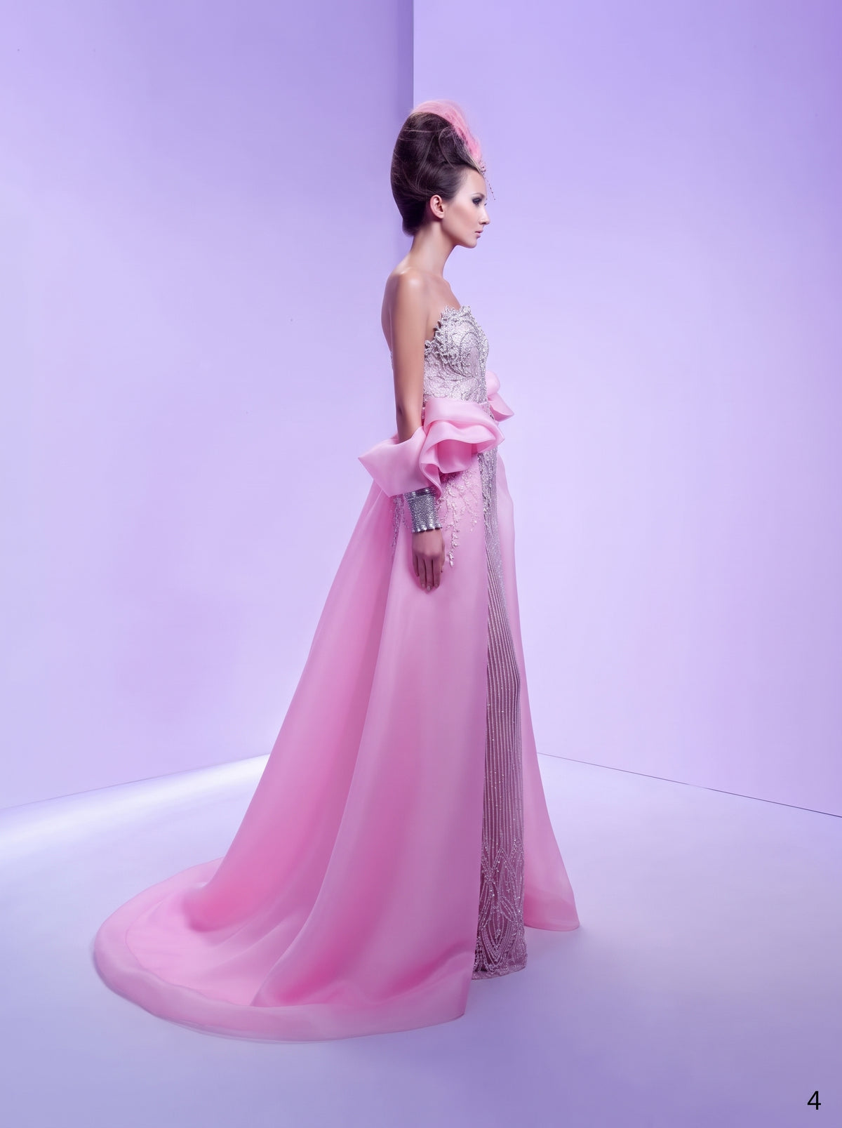 Blush Pink Sculpted Column Gown with Voluminous Detachable Overskirt